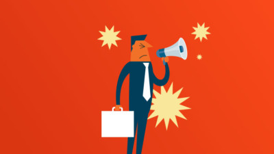 Image of someone with a megaphone and briefcase