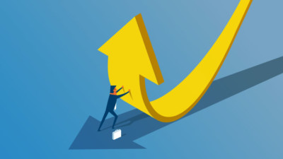 Man holding up arrow to point up smaller