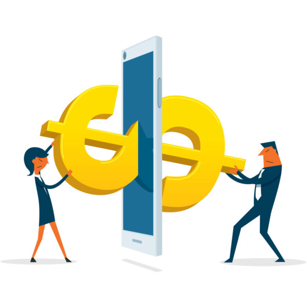 Image of two people holding a dollar sign that is in between a phone.