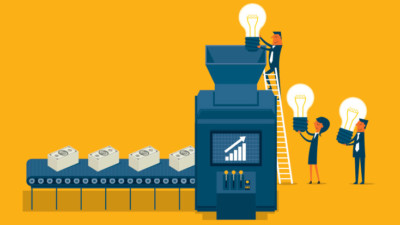 Animated image of people putting light bulbs into a machine that is producing cash.