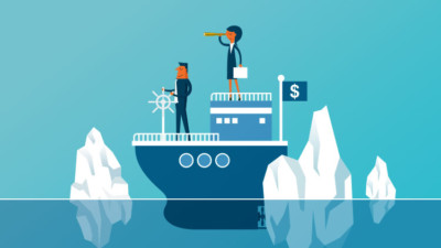 Image of two people on a boat in icy water