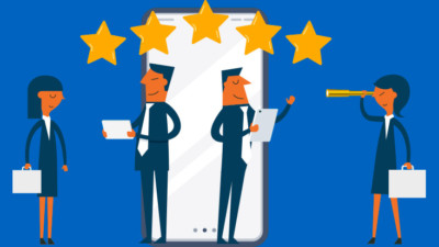 Image of four people holding tablets and briefcases with five gold stars above them.