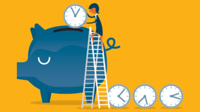 Image of someone depositing clocks into a piggy bank as if they were coins.