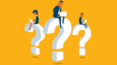 Image of three people sitting on three large question marks.