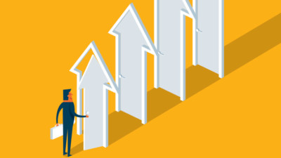 Animated image of multiple arrow shaped doors.
