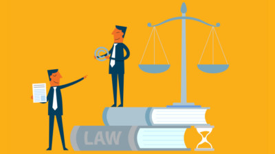 Animated image of people on law books showing trademarks & licensing agreements