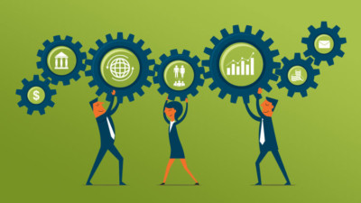 Image of three people turning various gears.