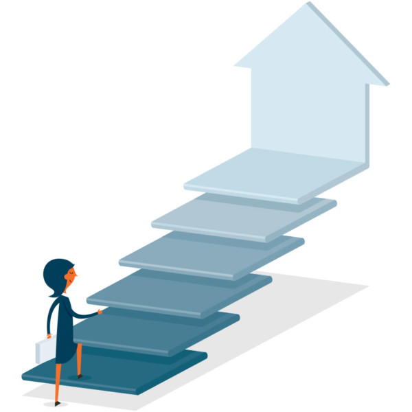 Image of someone walking up stairs that has an arrow pointing upward.