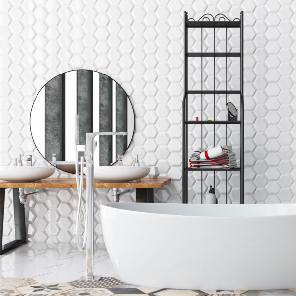 modern bathroom with a round mirror big bathtub and great shelving