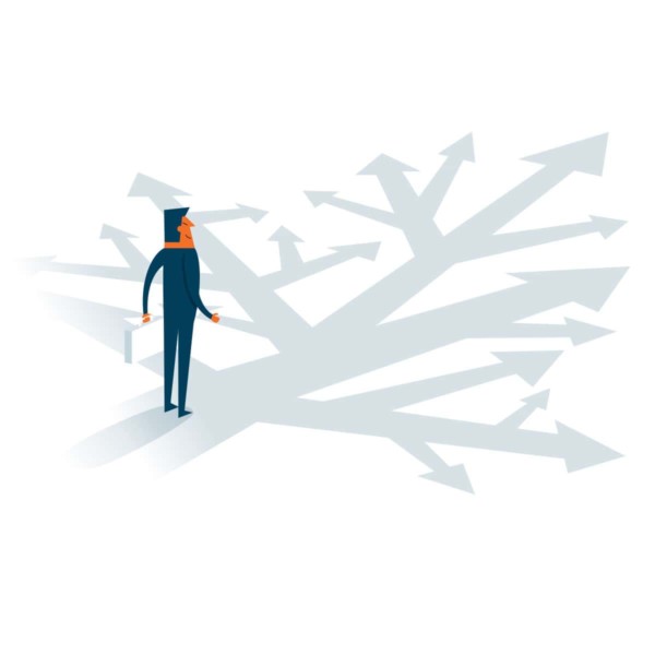 Man faced with multiple arrows in different directions of all the choices he has
