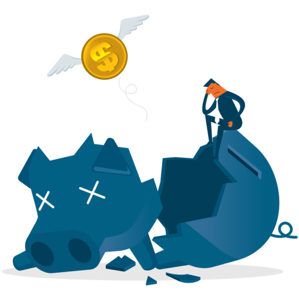 Man sitting on broken piggy bank with money flying out