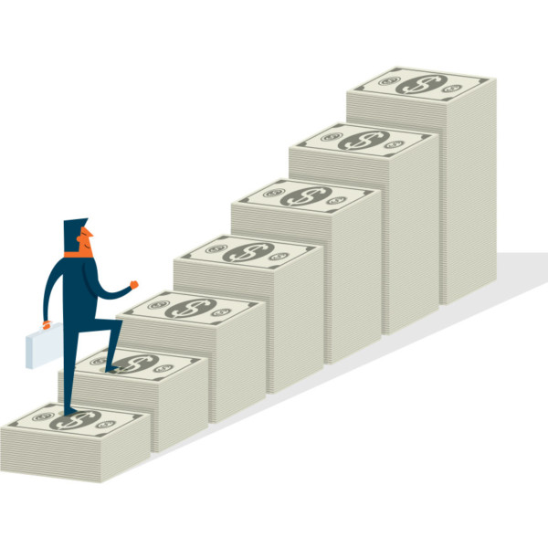 Image of someone walking up stairs made of money.