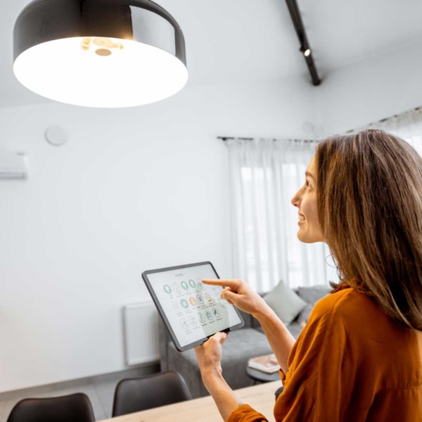 Image of someone controlling the lights in their house with a tablet.