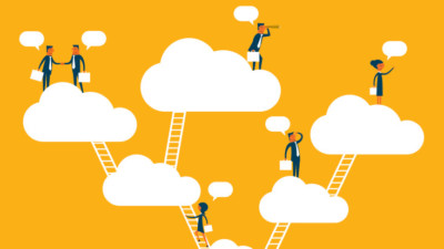 Image of six people climbing between 5 clouds