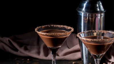 Two chocotinis next to drink shaker