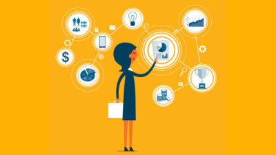 Image of someone pointing to various business icons.