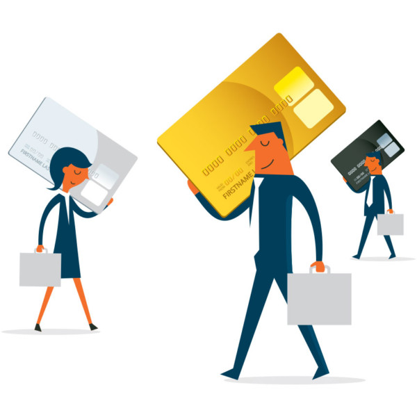 People holding giant credit card and brief cases while walking