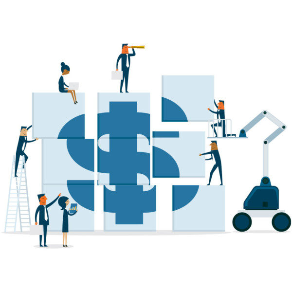 Image of people stacking large boxes to form a dollar sign
