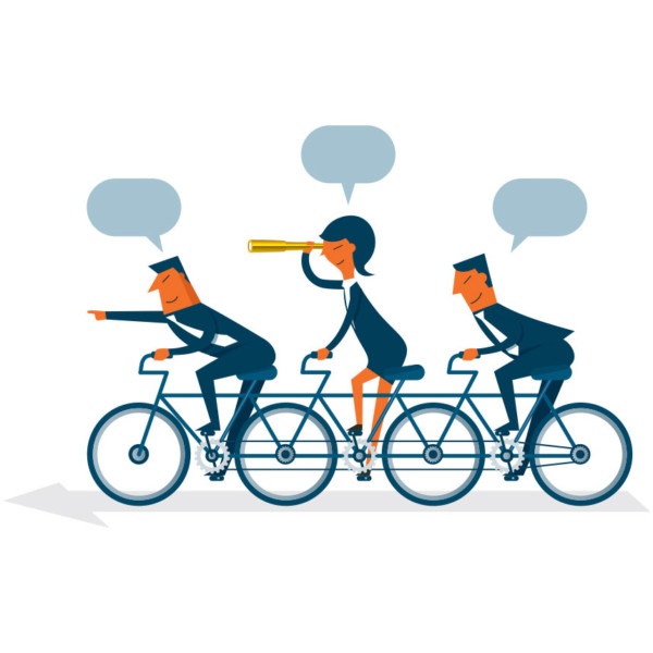 Image of three people on a long bike