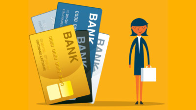 Image of a woman with 3 credit cards.