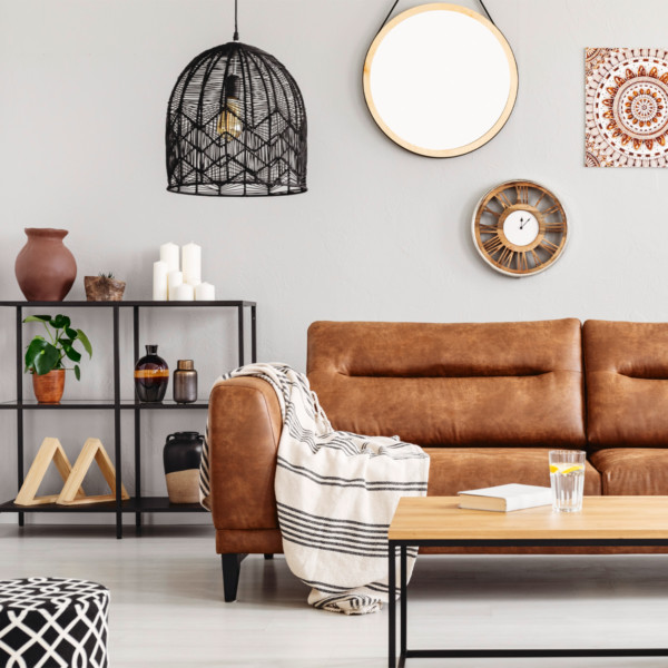 Image of contemporary living room and brown leather sofa
