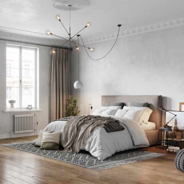 Image of gray bedroom with bed