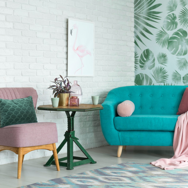 Image of mid-century modern living room and white sofa