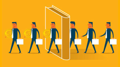 Image of a people walking through a book, with large coins and briefcases