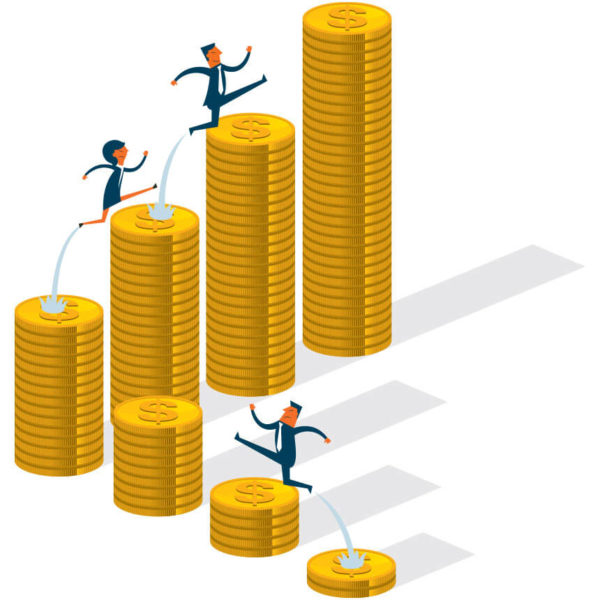 Image of people jumping between stacks of large coins