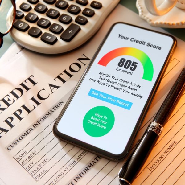 mobile phone with app showing credit score