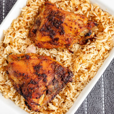 Final look at chicken and rice dish straight from the oven