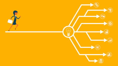 Woman starting a business with a web of multiple opportunities in front of her