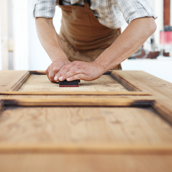 man sanding down wood cabinet